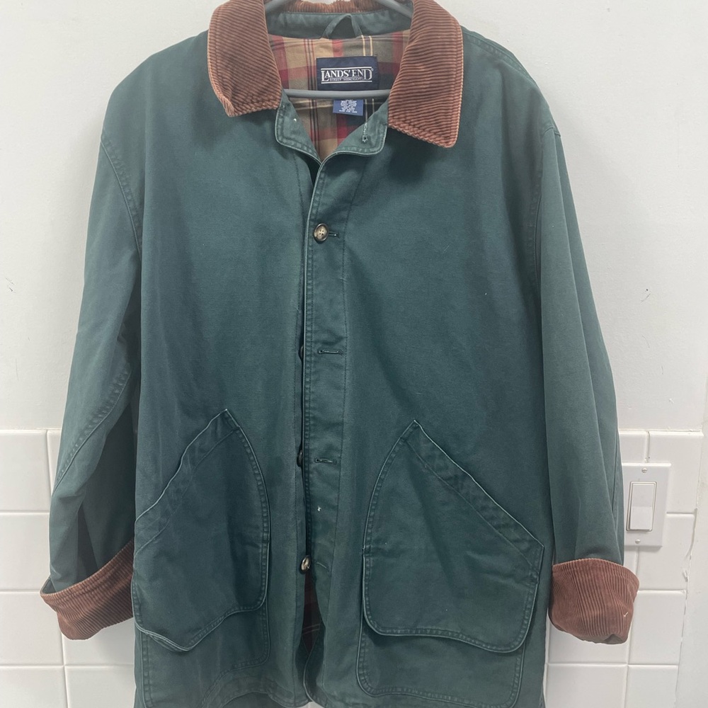 Lands End Barn Jacket Mens Xl Tall Green Plaid  Corduroy Flannel Chore Vtg